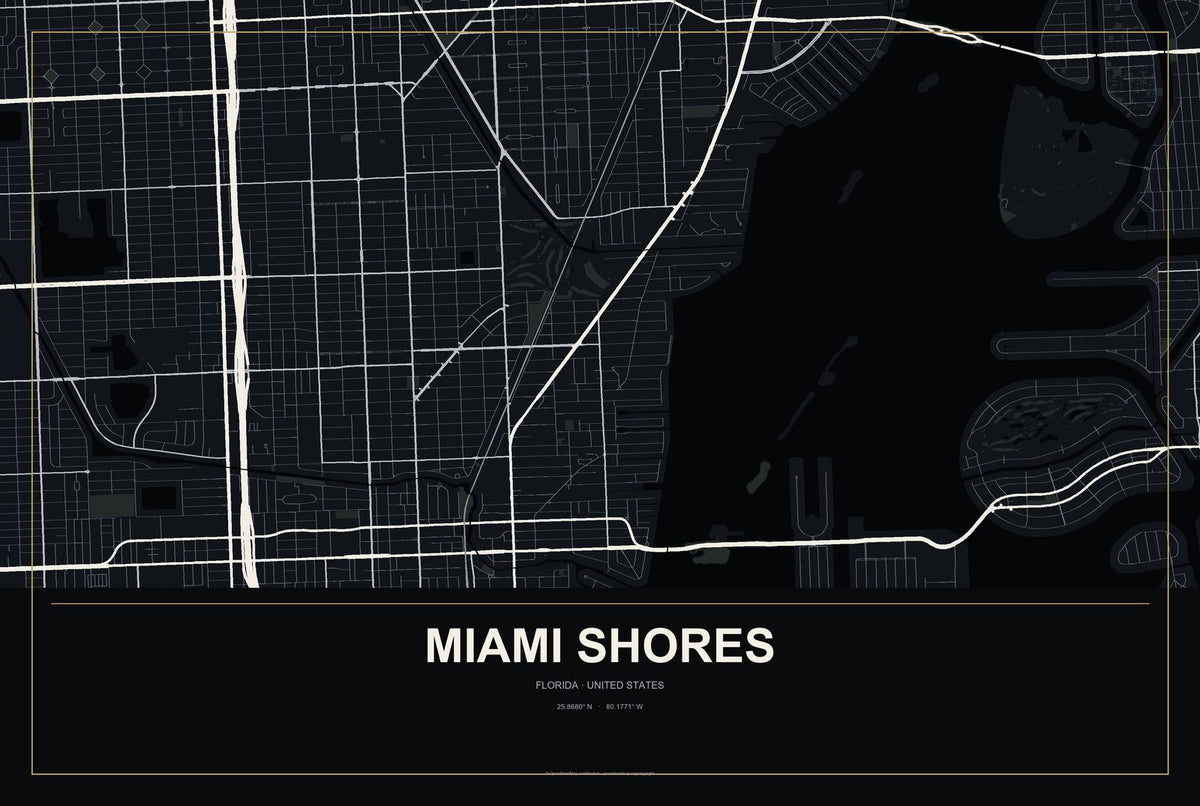 Miami Shores, Florida City Map Aluminum Sign in Metropolitan Noir style