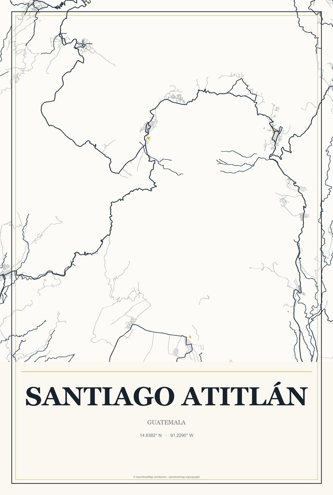 Santiago Atitlán, Guatemala City Map Aluminum Sign in Citrine Modern style