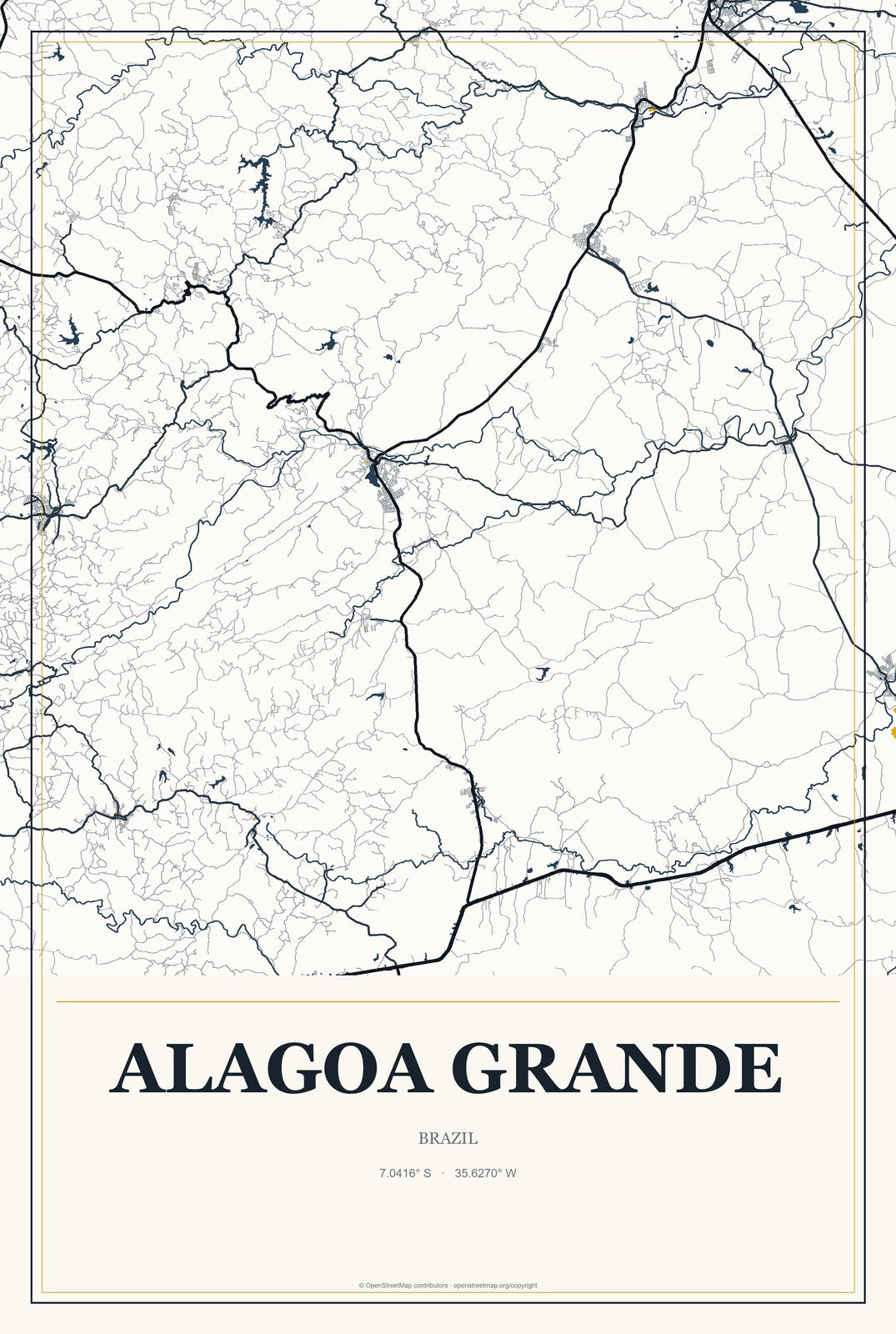 Alagoa Grande, Brazil City Map Aluminum Sign in Citrine Modern style