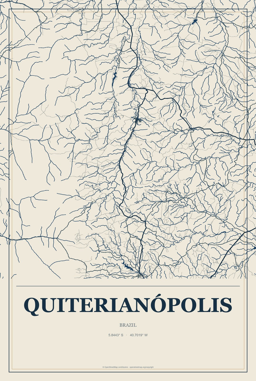 Quiterianópolis, Brazil City Map Aluminum Sign in Coastal Cutout style