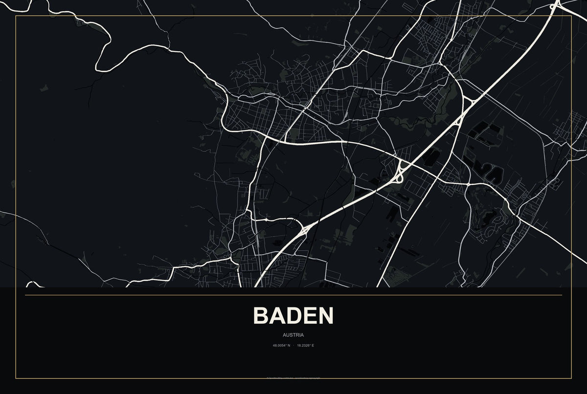 Baden, Austria City Map Aluminum Sign in Metropolitan Noir style