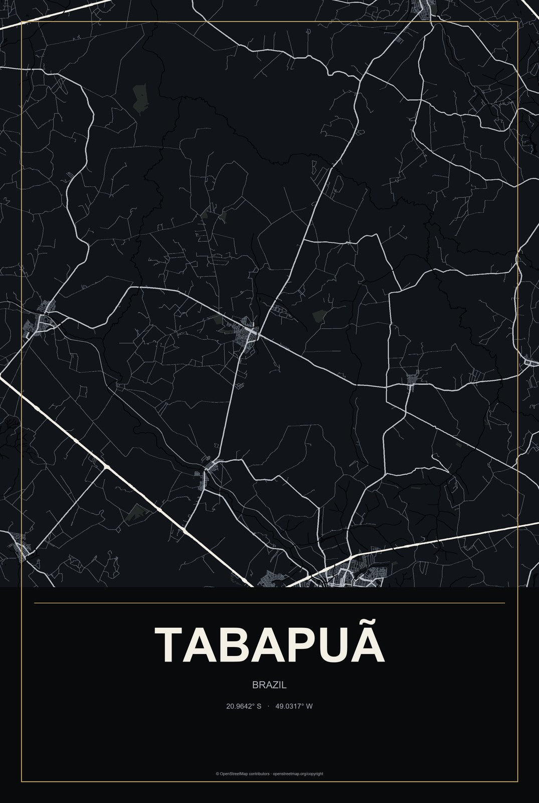 Tabapuã, Brazil City Map Aluminum Sign in Metropolitan Noir style