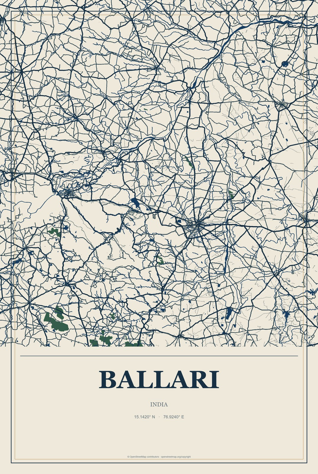 Ballari, India City Map Aluminum Sign in Coastal Cutout style