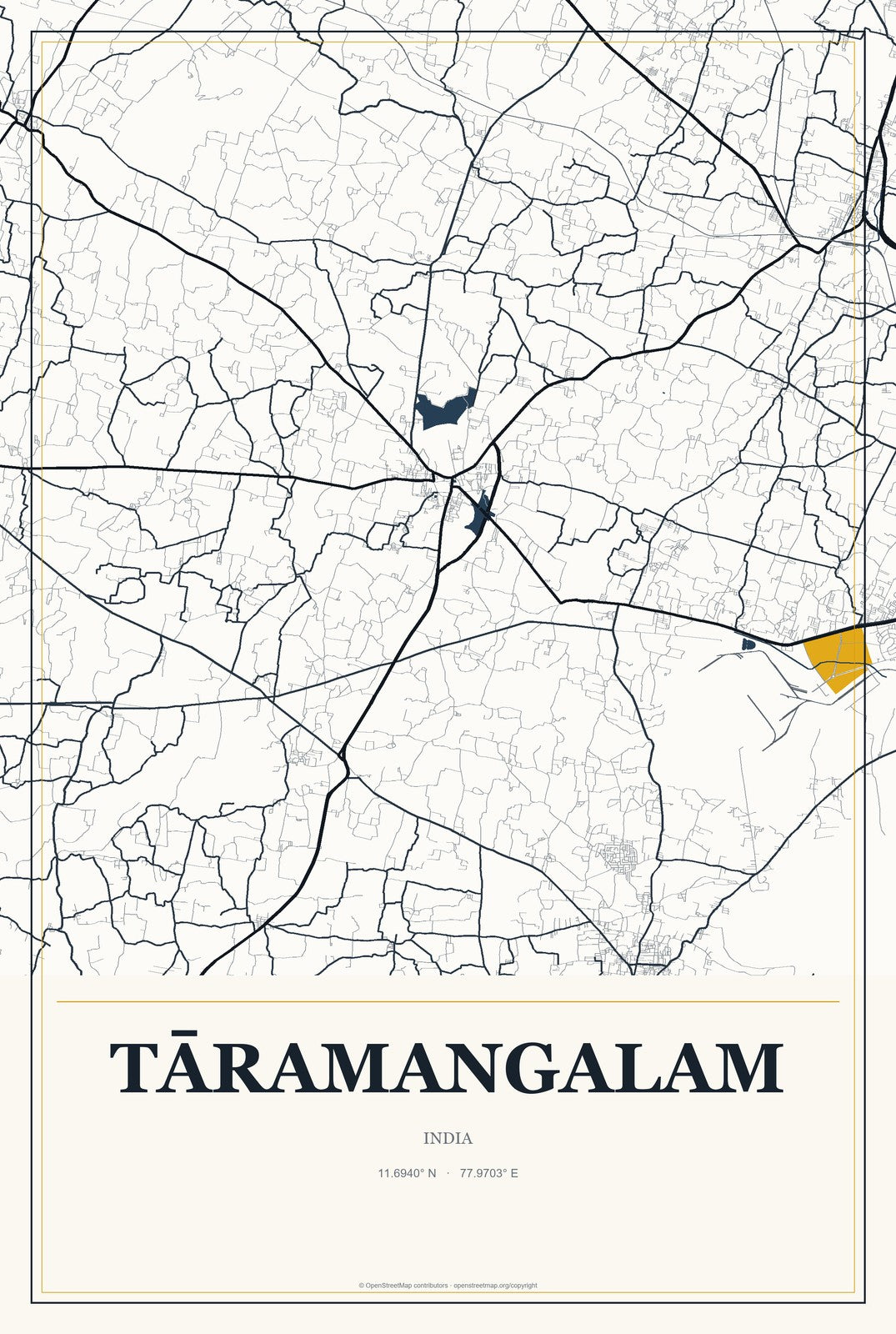 Tāramangalam, India City Map Aluminum Sign in Citrine Modern style