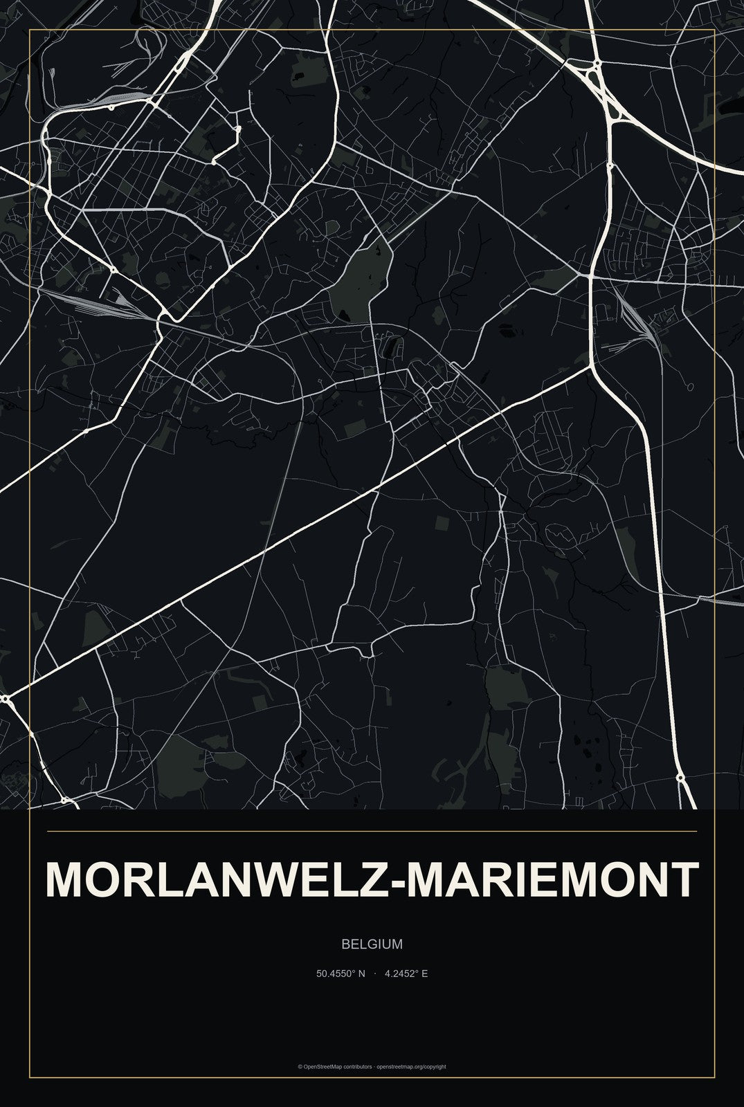 Morlanwelz-Mariemont, Belgium City Map Aluminum Sign in Metropolitan Noir style