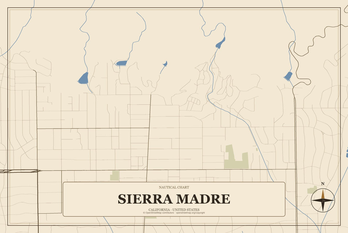 Sierra Madre, California City Map Aluminum Sign in Heritage Nautical style