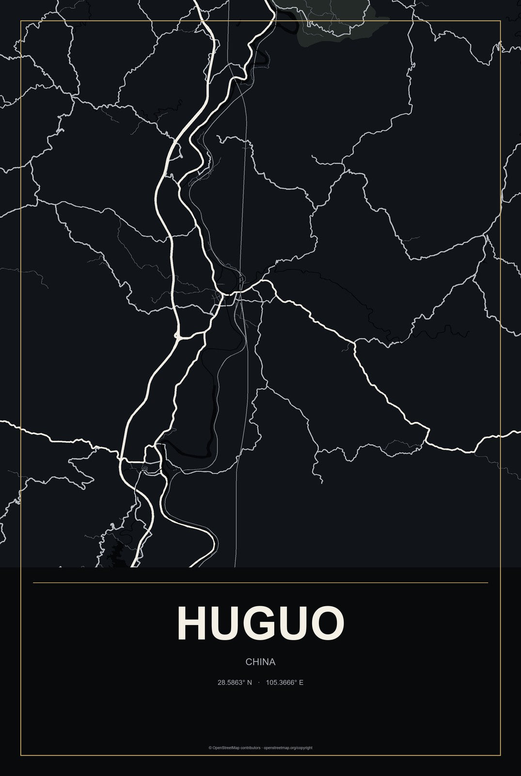 Huguo, China City Map Aluminum Sign in Metropolitan Noir style