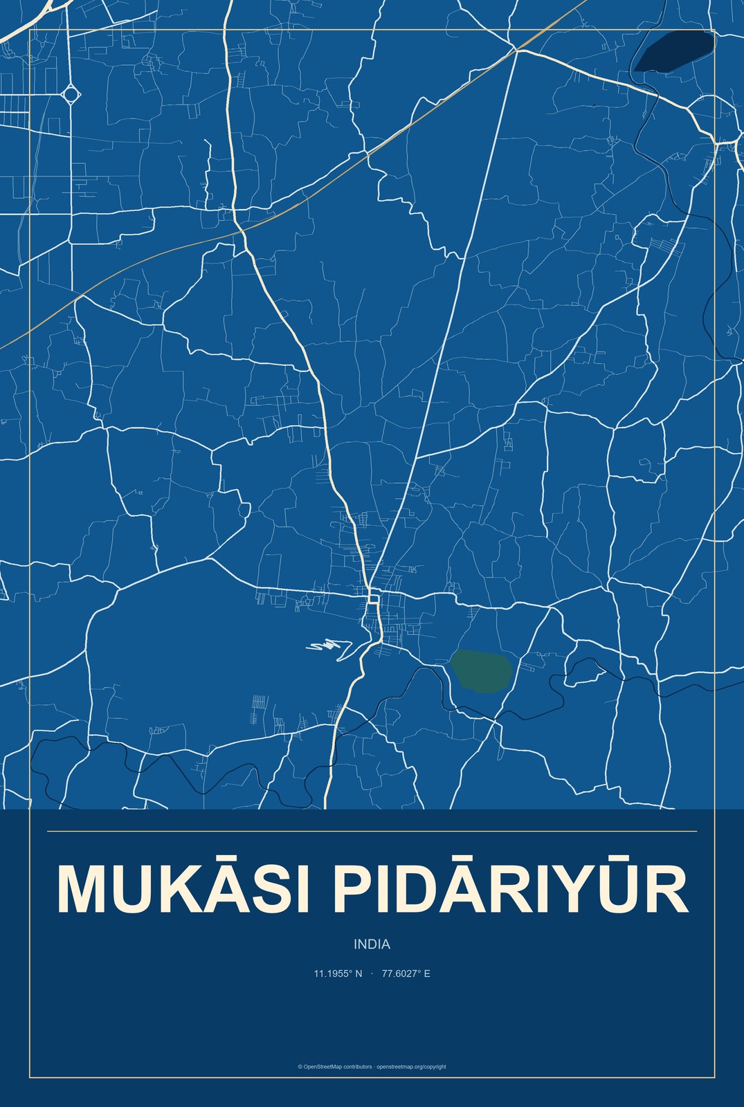 Mukāsi Pidāriyūr, India City Map Aluminum Sign in Harbor Cobalt style