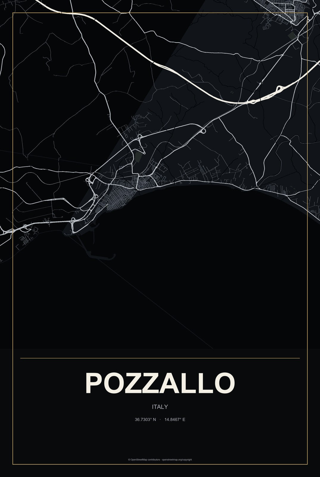Pozzallo, Italy City Map Aluminum Sign in Metropolitan Noir style