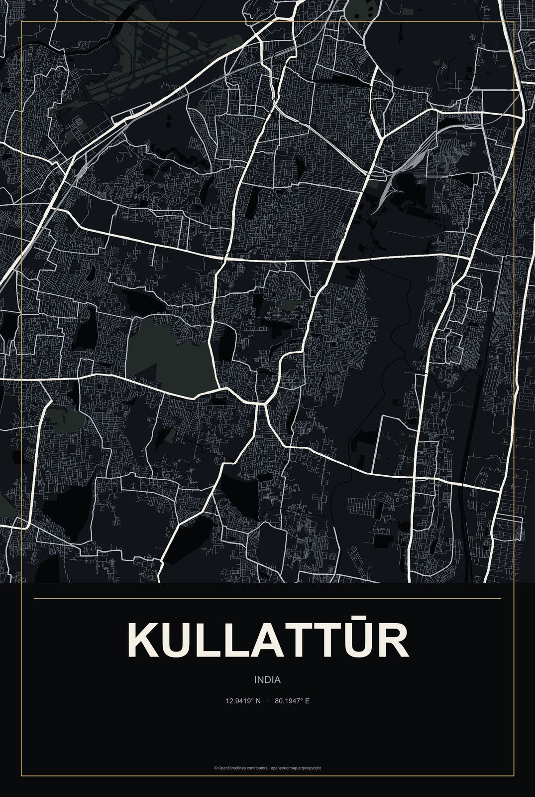 Kullattūr, India City Map Aluminum Sign in Metropolitan Noir style