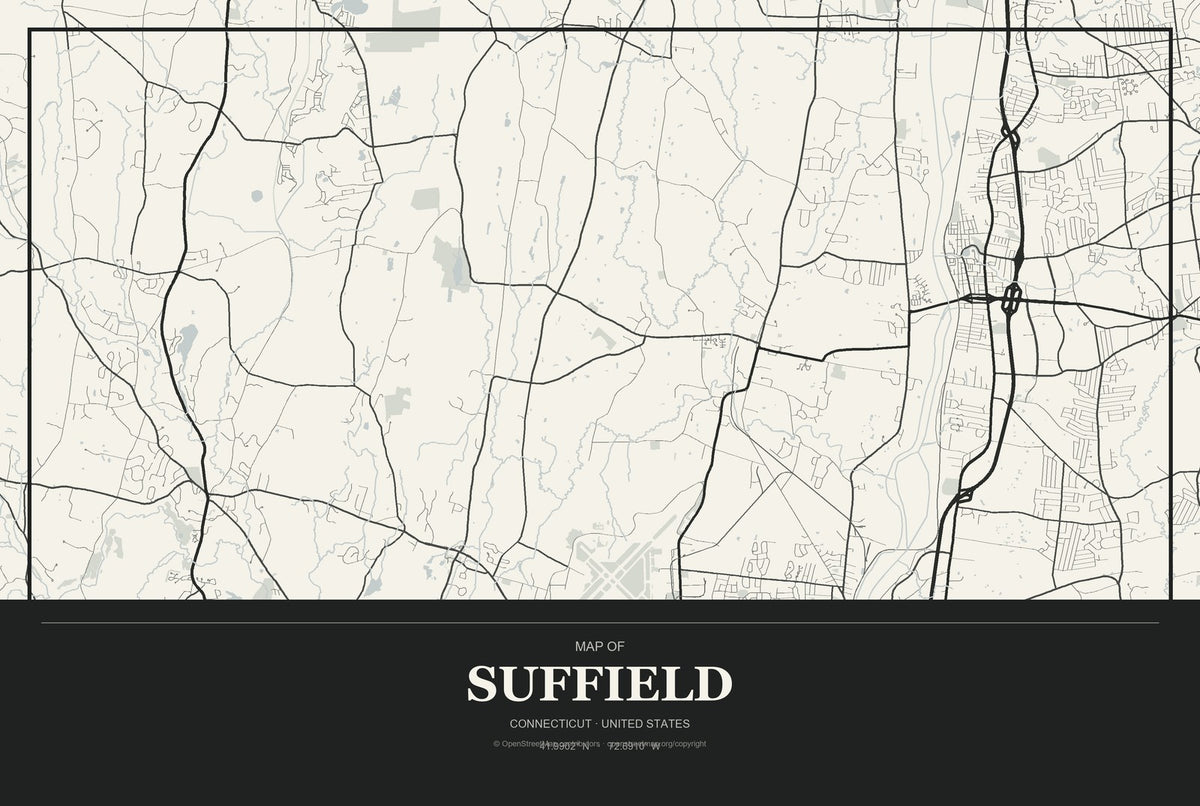 Suffield, Connecticut City Map Aluminum Sign in Museum Plaque style