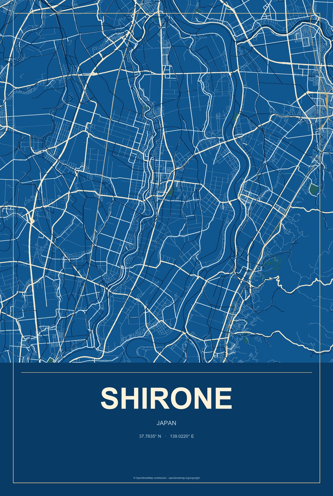 Shirone, Japan City Map Aluminum Sign in Harbor Cobalt style