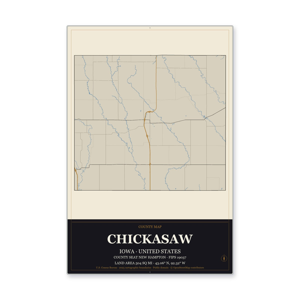 Chickasaw County, Iowa Map Aluminum Sign in Museum Plaque style