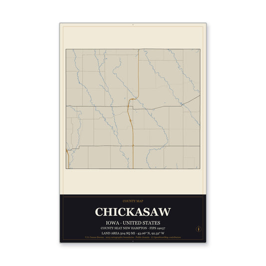 Chickasaw County, Iowa Map Aluminum Sign in Museum Plaque style