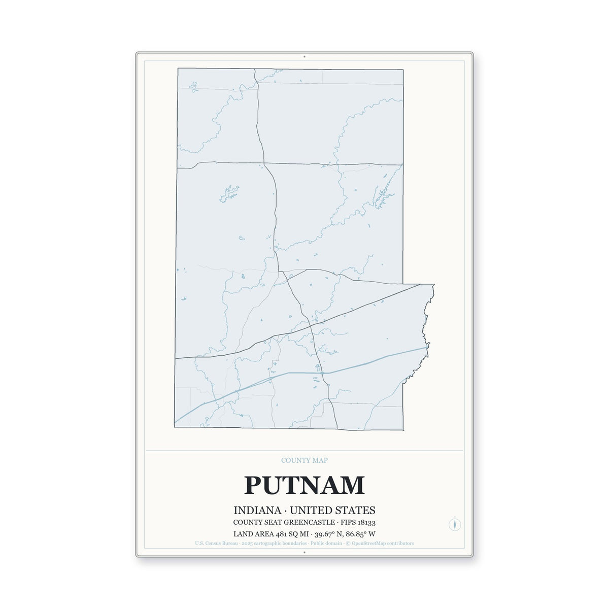 Putnam County, Indiana Map Aluminum Sign in Gallery Air style