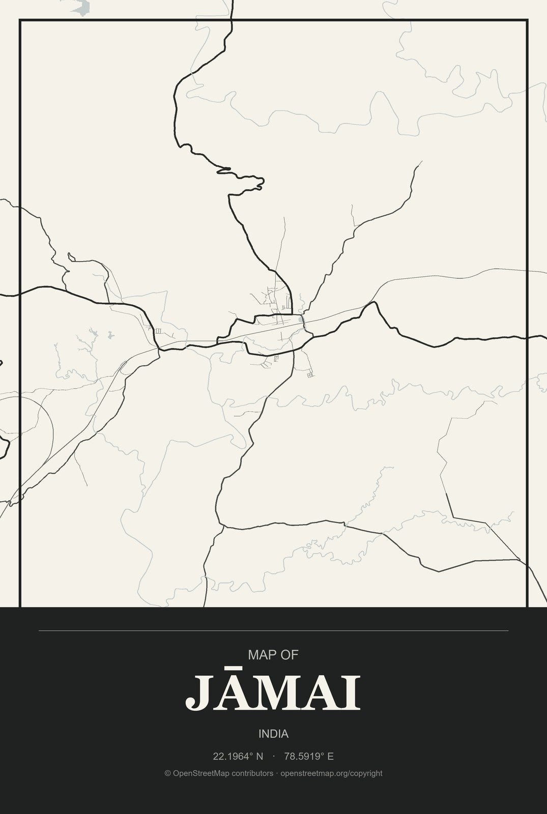 Jāmai, India City Map Aluminum Sign in Museum Plaque style