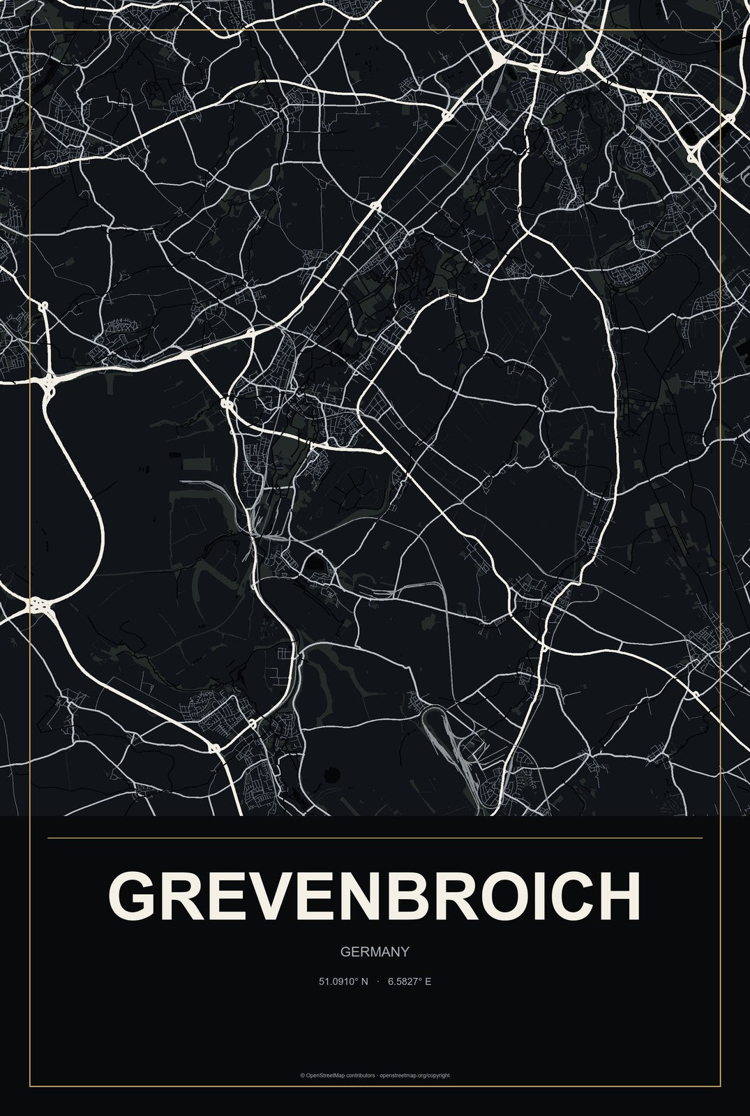 Grevenbroich, Germany City Map Aluminum Sign in Metropolitan Noir style