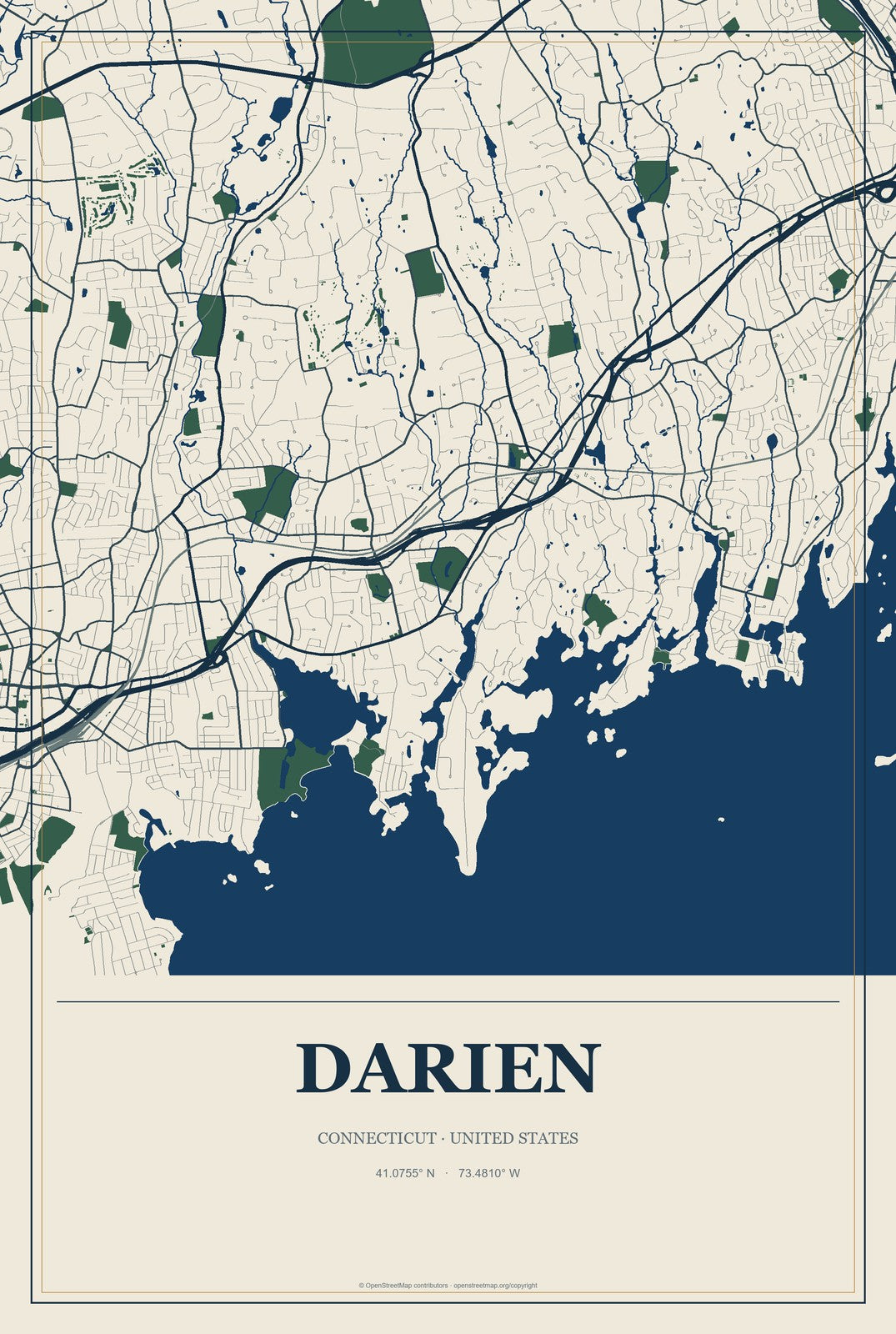 Darien, Connecticut City Map Aluminum Sign in Coastal Cutout style