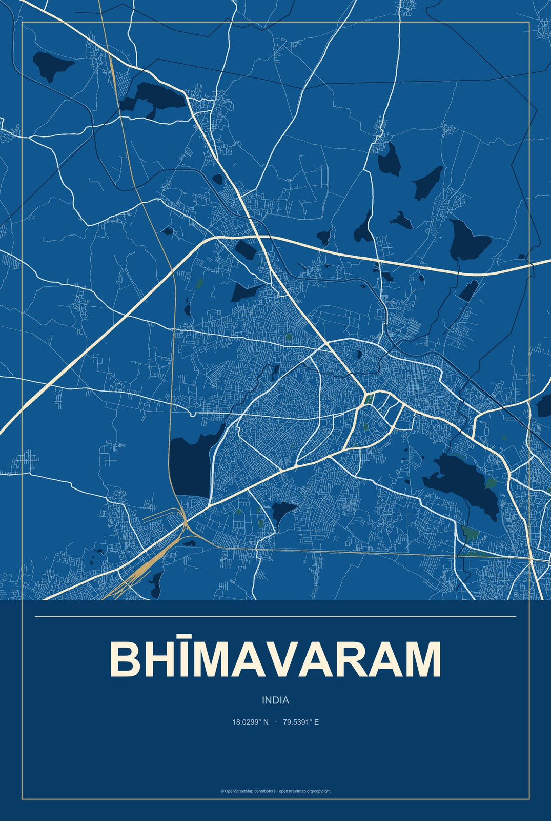 Bhīmavaram, India City Map Aluminum Sign in Harbor Cobalt style