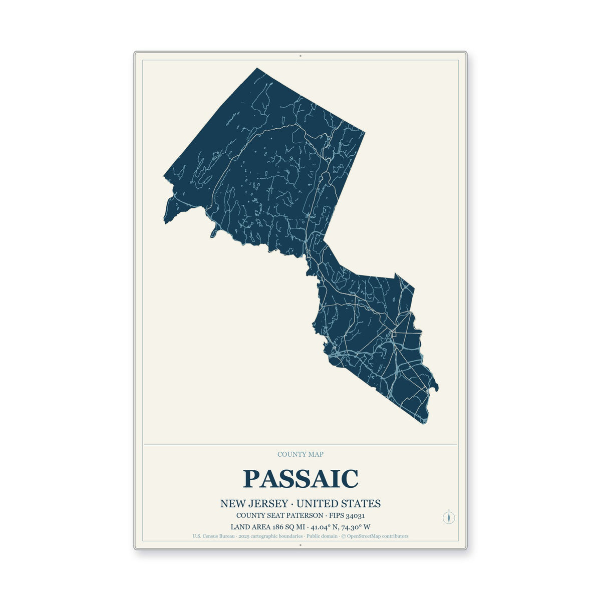 Passaic County, New Jersey Map Aluminum Sign in Coastal Cutout style