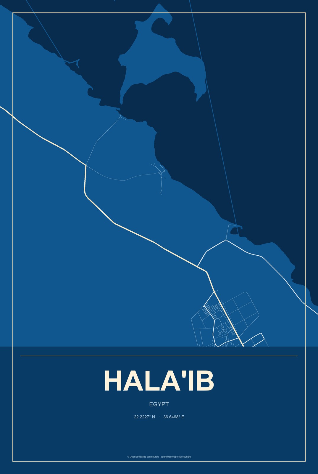 Hala'ib, Egypt City Map Aluminum Sign in Harbor Cobalt style
