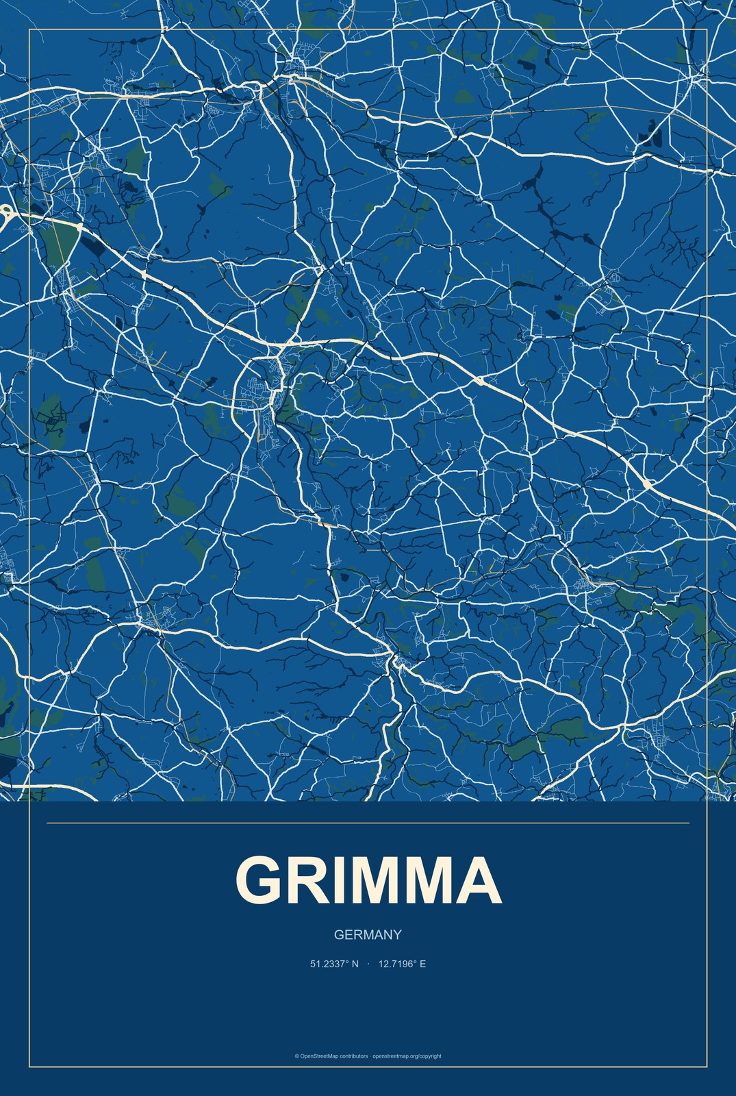 Grimma, Germany City Map Aluminum Sign in Harbor Cobalt style