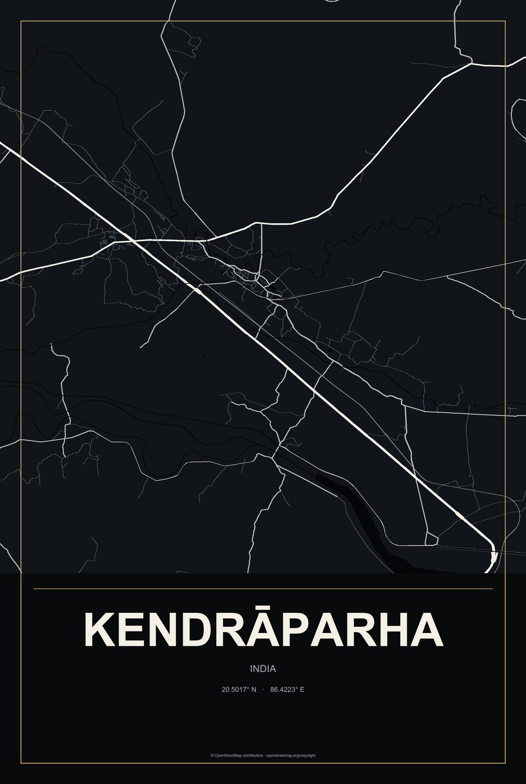 Kendrāparha, India City Map Aluminum Sign in Metropolitan Noir style