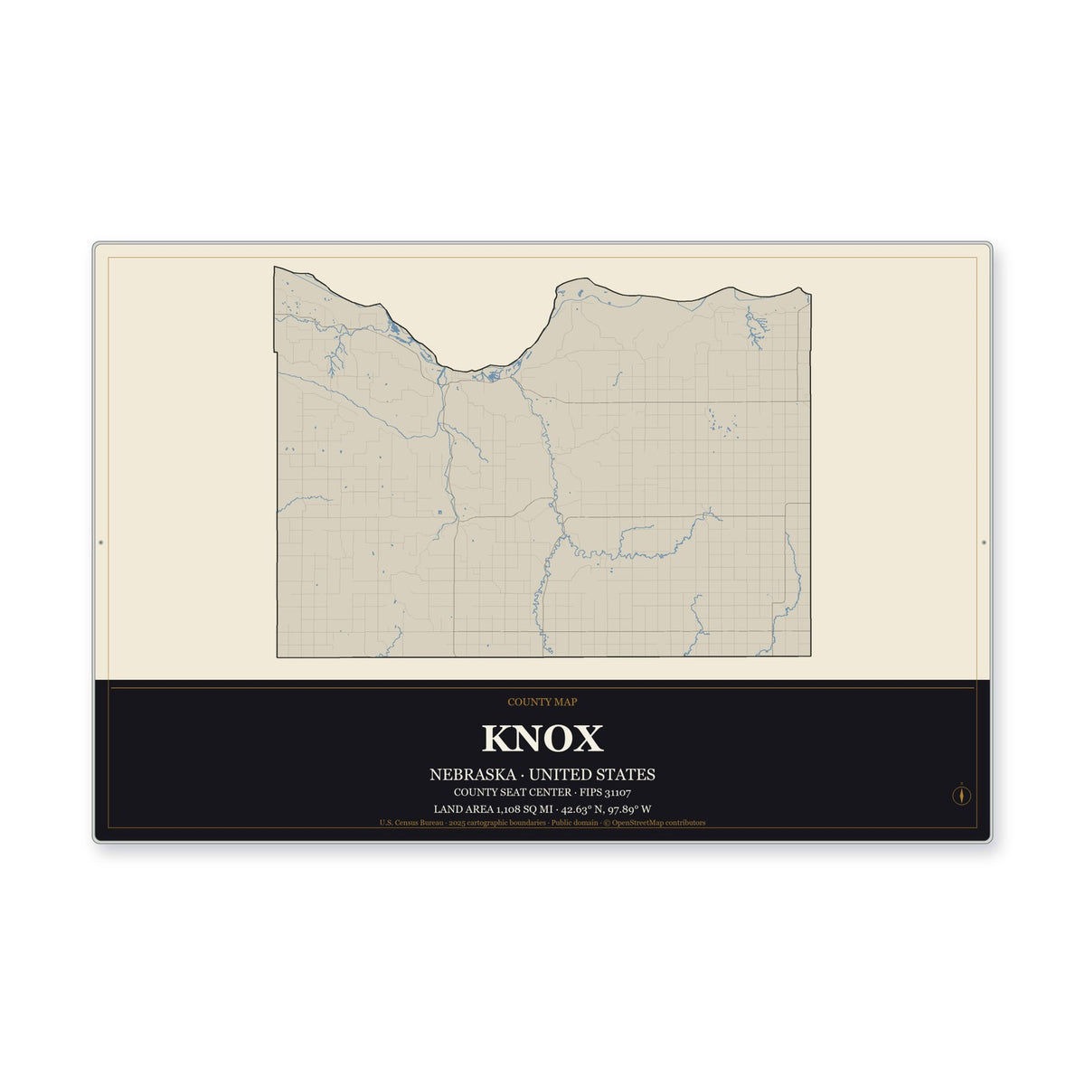 Knox County, Nebraska Map Aluminum Sign in Museum Plaque style