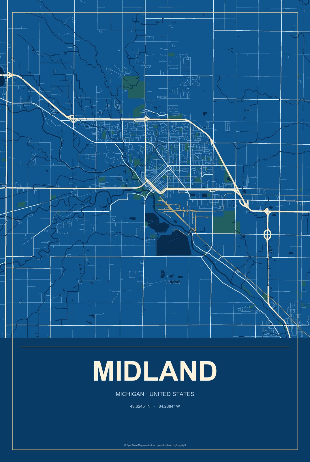 Midland, Michigan City Map Aluminum Sign in Harbor Cobalt style