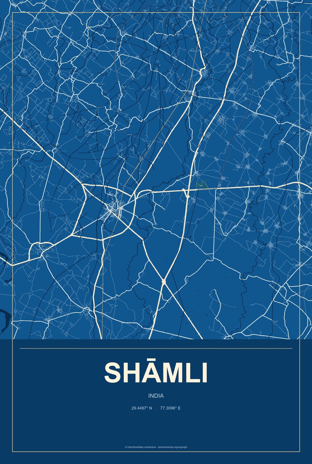 Shāmli, India City Map Aluminum Sign in Harbor Cobalt style