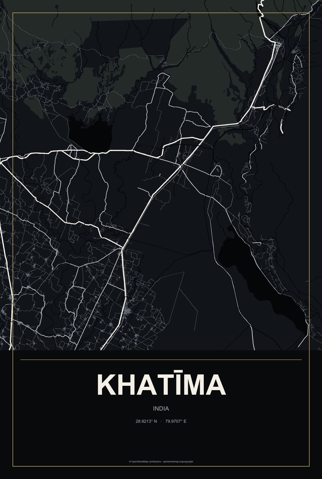 Khatīma, India City Map Aluminum Sign in Metropolitan Noir style
