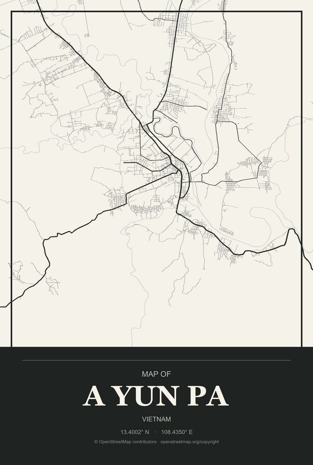 A Yun Pa, Vietnam City Map Aluminum Sign in Museum Plaque style
