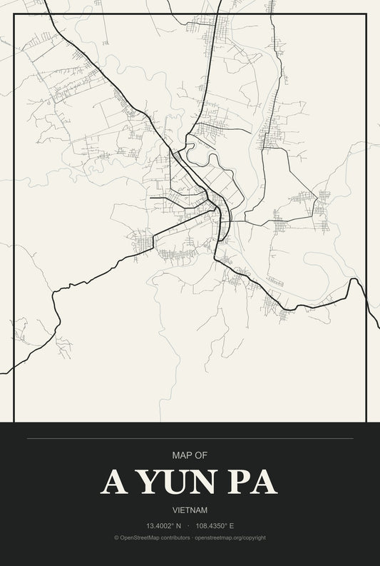 A Yun Pa, Vietnam City Map Aluminum Sign in Museum Plaque style