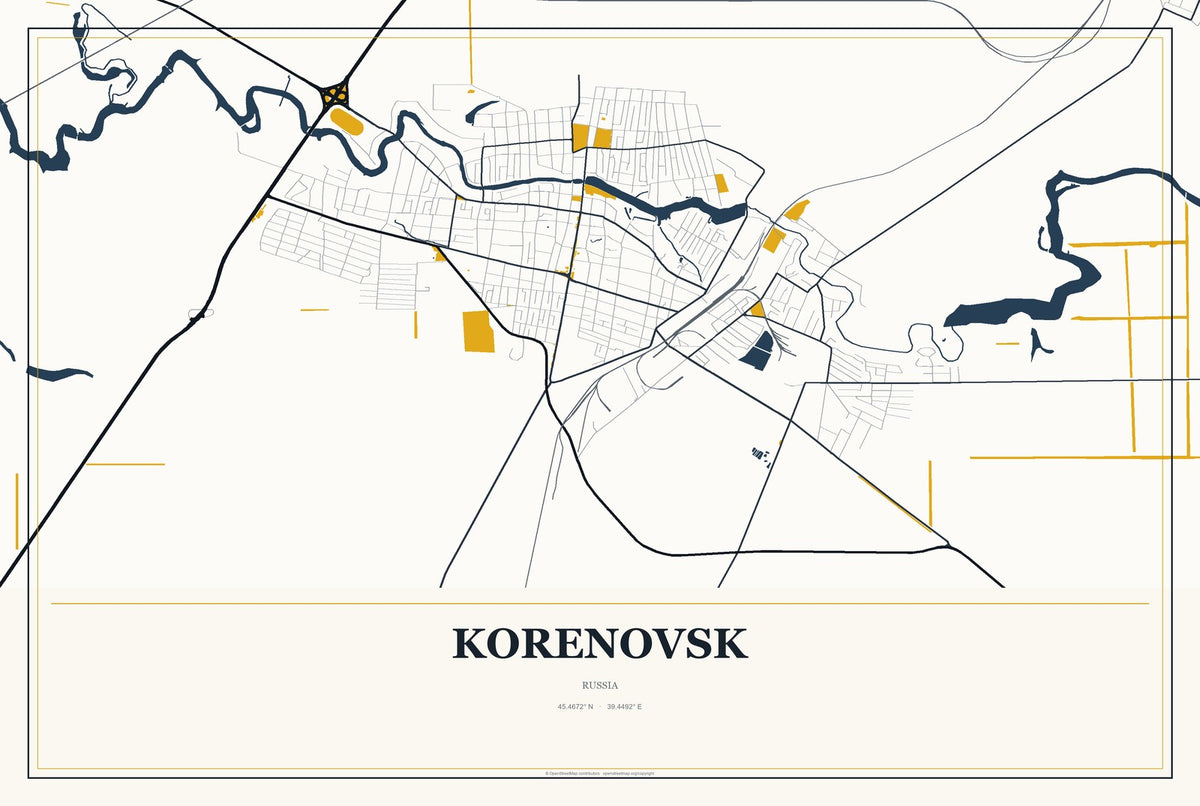 Korenovsk, Russia City Map Aluminum Sign in Citrine Modern style