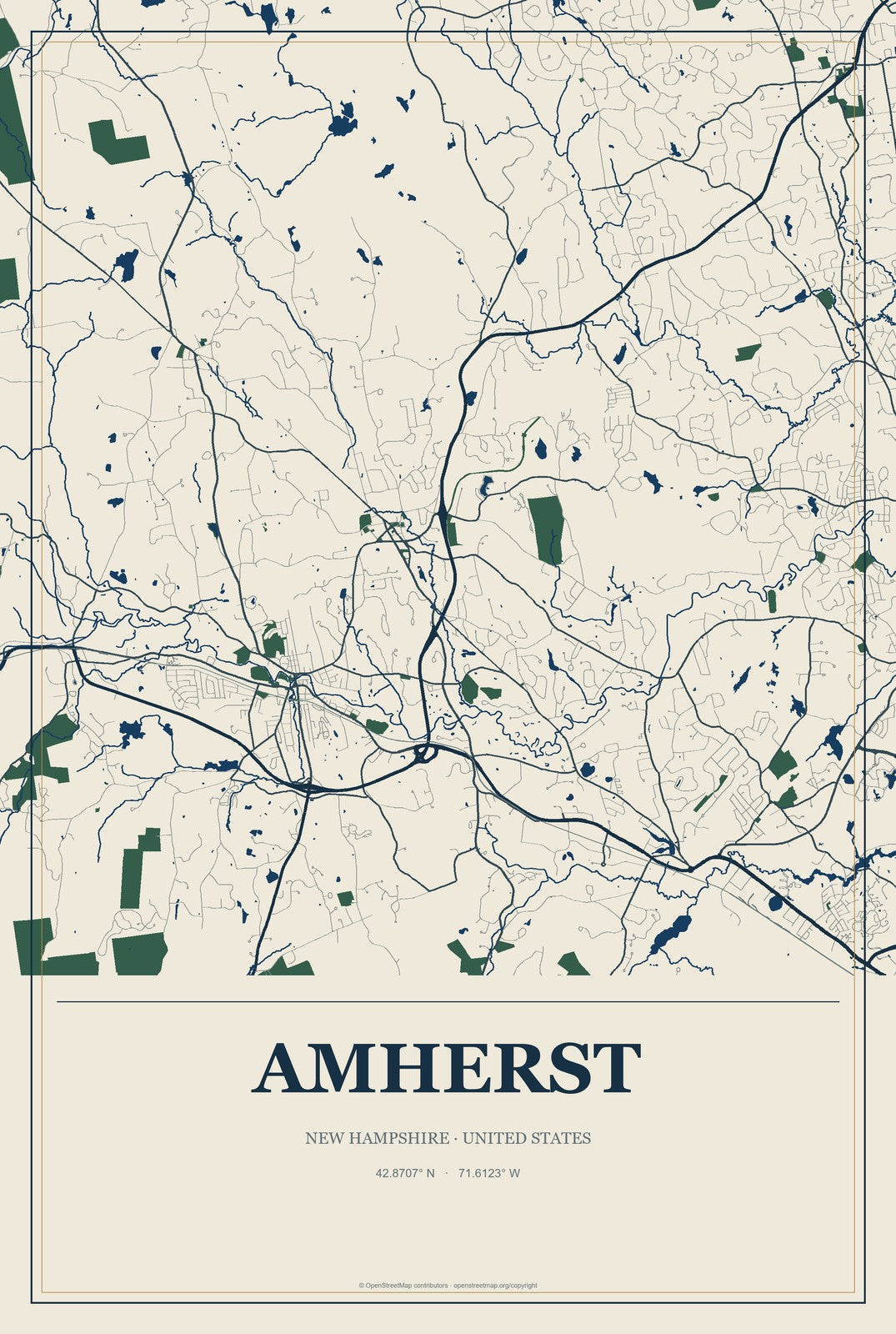 Amherst, New Hampshire City Map Aluminum Sign in Coastal Cutout style