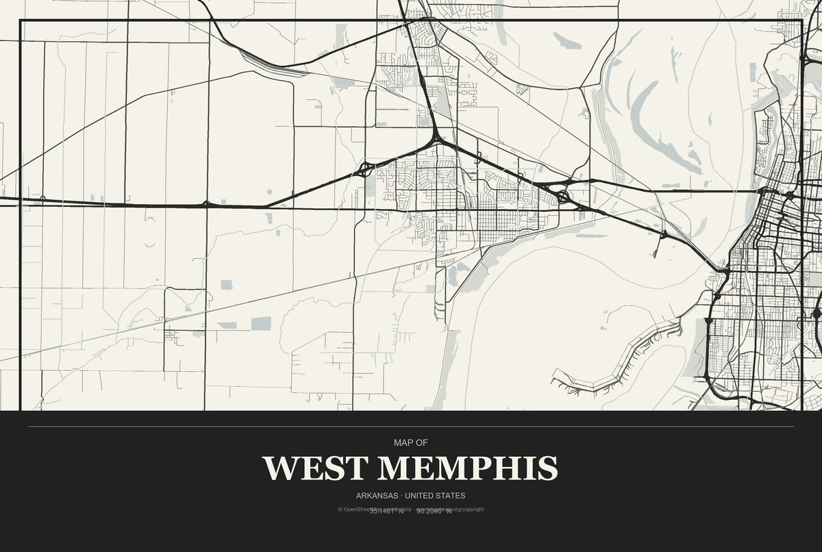 West Memphis, Arkansas City Map Aluminum Sign in Museum Plaque style