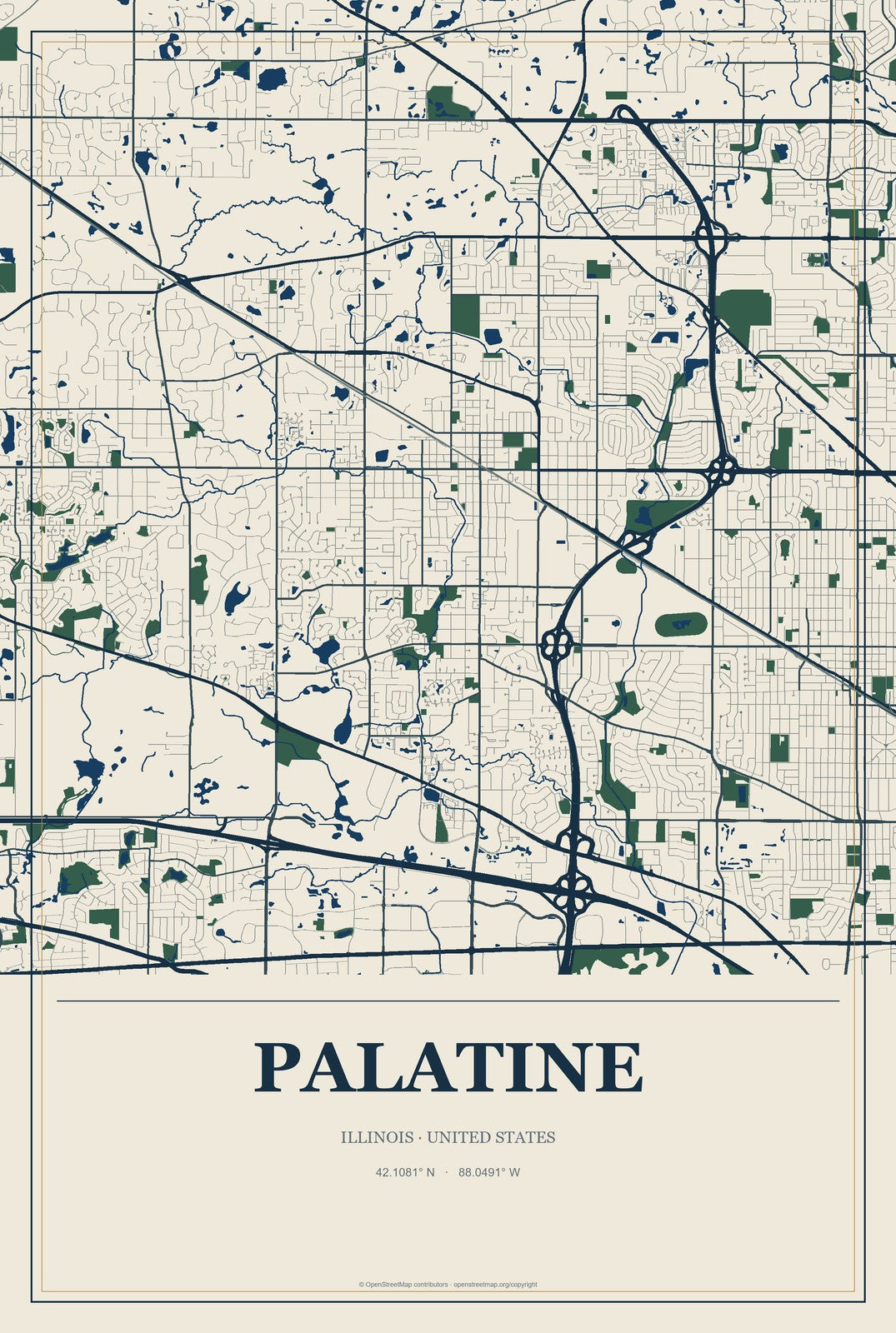 Palatine, Illinois City Map Aluminum Sign in Coastal Cutout style