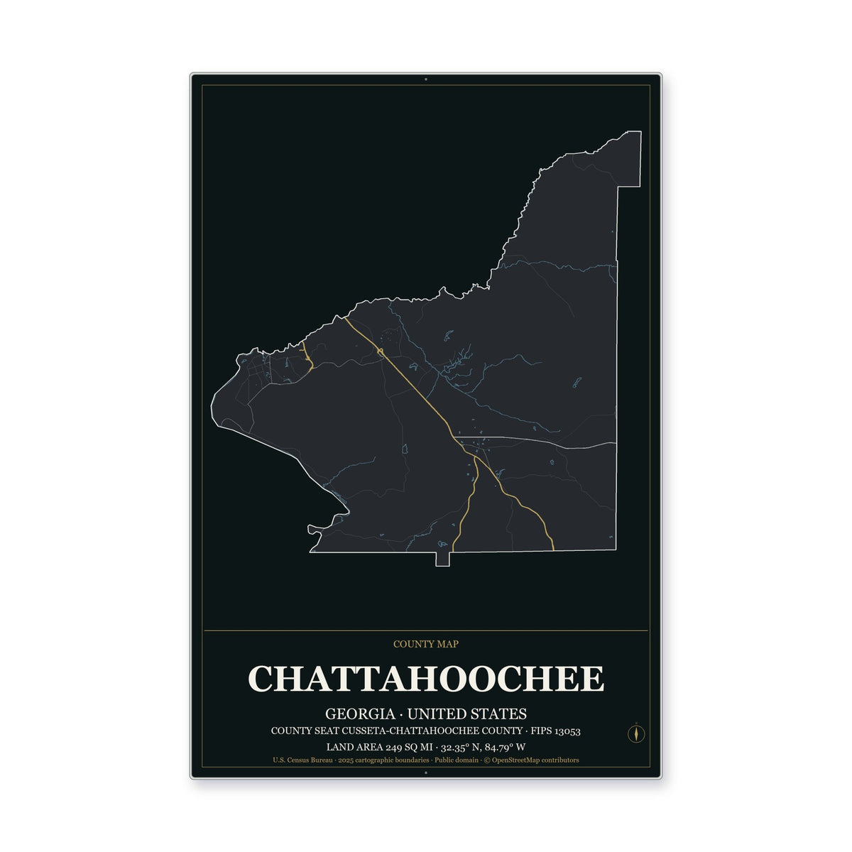 Chattahoochee County, Georgia Map Aluminum Sign in Metropolitan Noir style