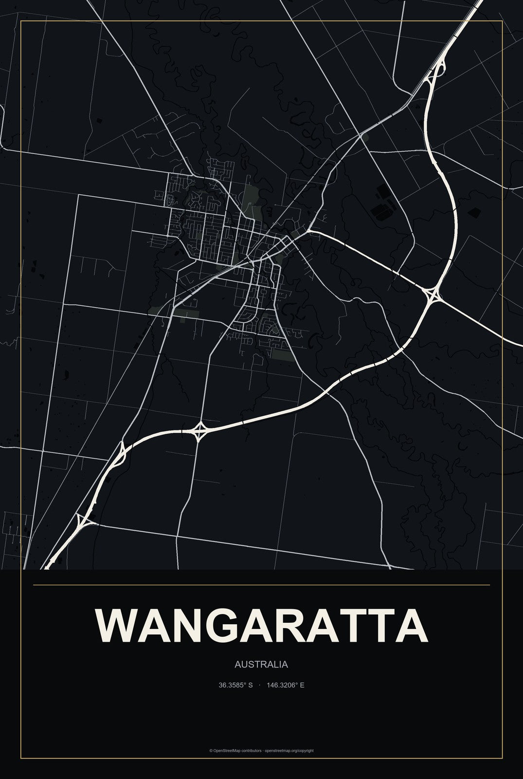 Wangaratta, Australia City Map Aluminum Sign in Metropolitan Noir style