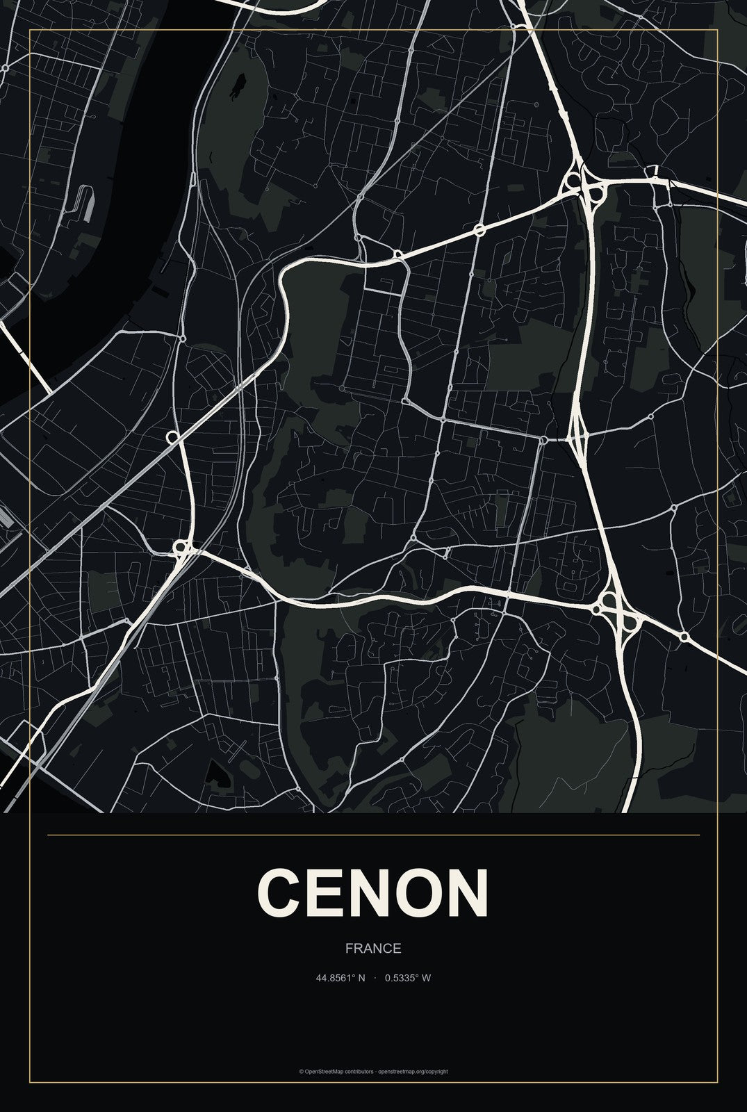 Cenon, France City Map Aluminum Sign in Metropolitan Noir style