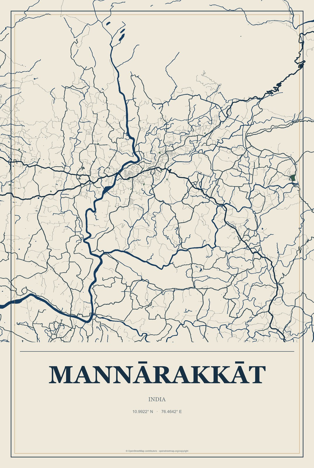 Mannārakkāt, India City Map Aluminum Sign in Coastal Cutout style
