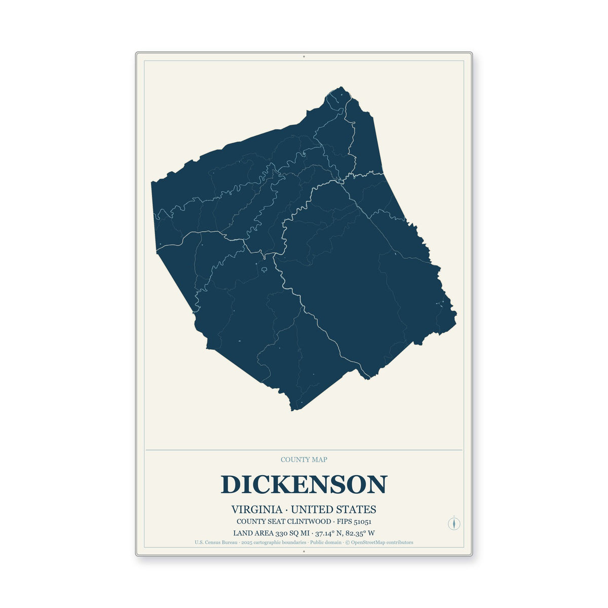 Dickenson County, Virginia Map Aluminum Sign in Coastal Cutout style