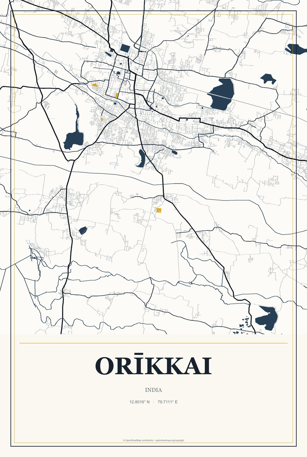 Orīkkai, India City Map Aluminum Sign in Citrine Modern style