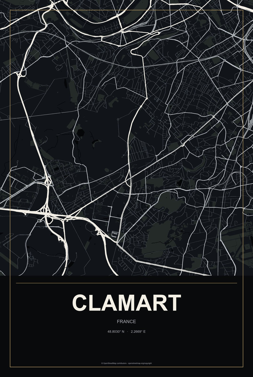 Clamart, France City Map Aluminum Sign in Metropolitan Noir style