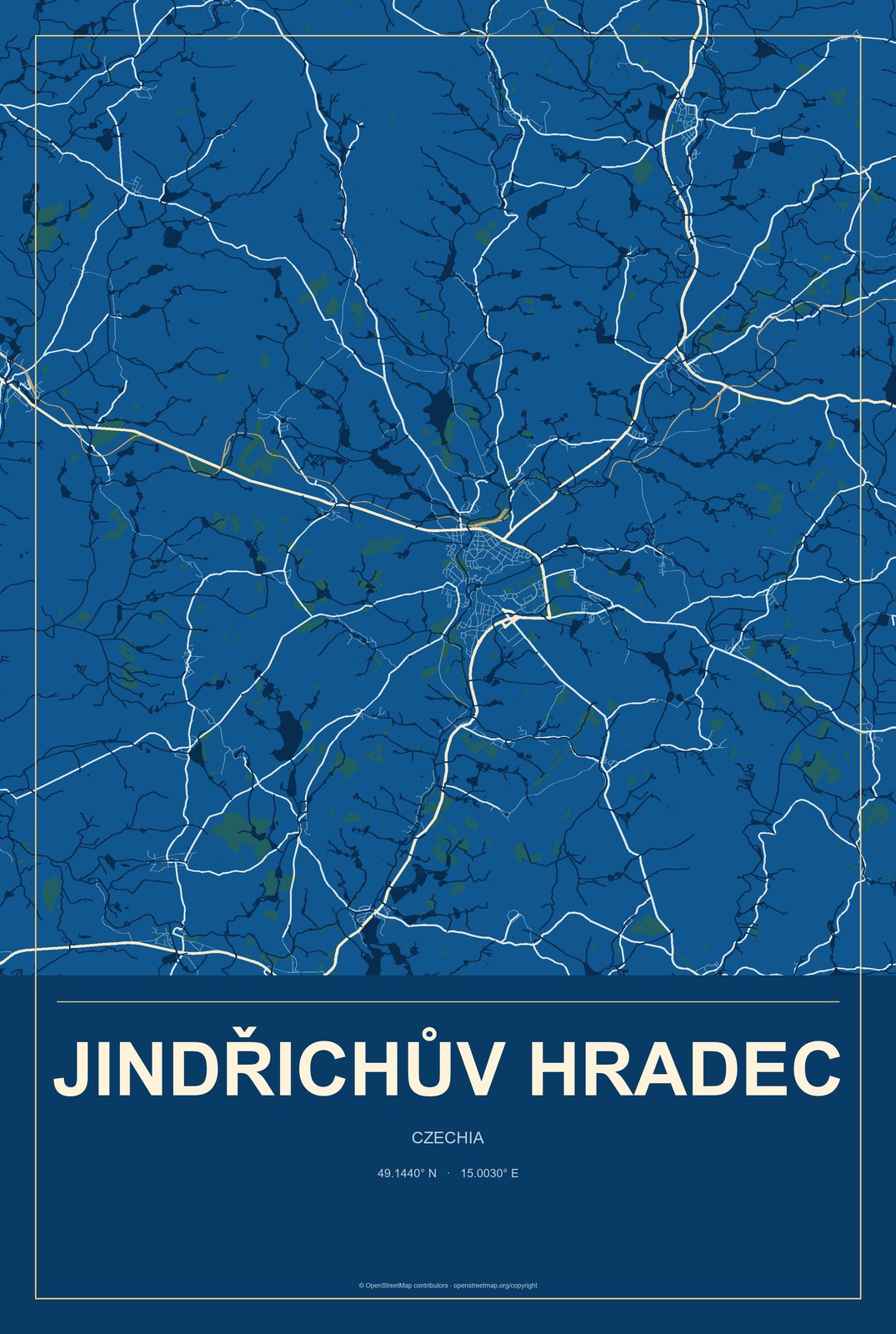 Jindřichův Hradec, Czechia City Map Aluminum Sign in Harbor Cobalt style