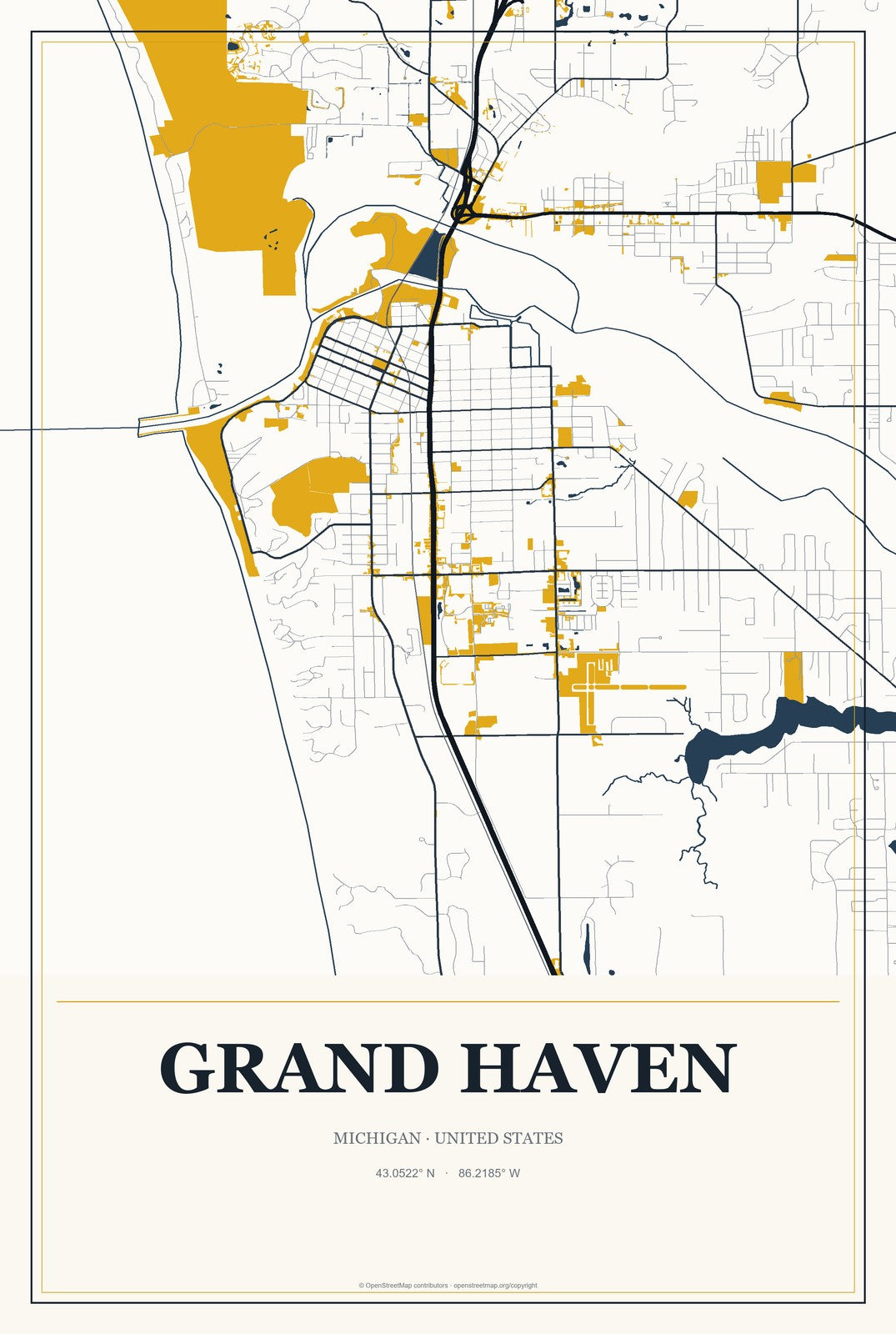 Grand Haven, Michigan City Map Aluminum Sign in Citrine Modern style