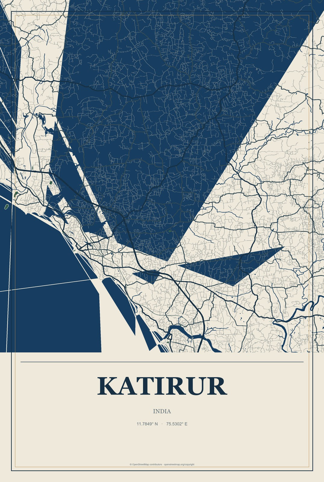 Katirur, India City Map Aluminum Sign in Coastal Cutout style