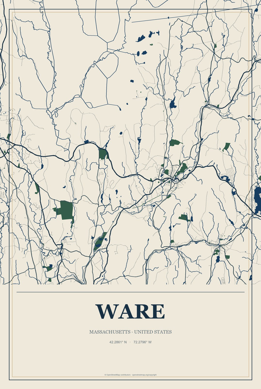 Ware, Massachusetts City Map Aluminum Sign in Coastal Cutout style