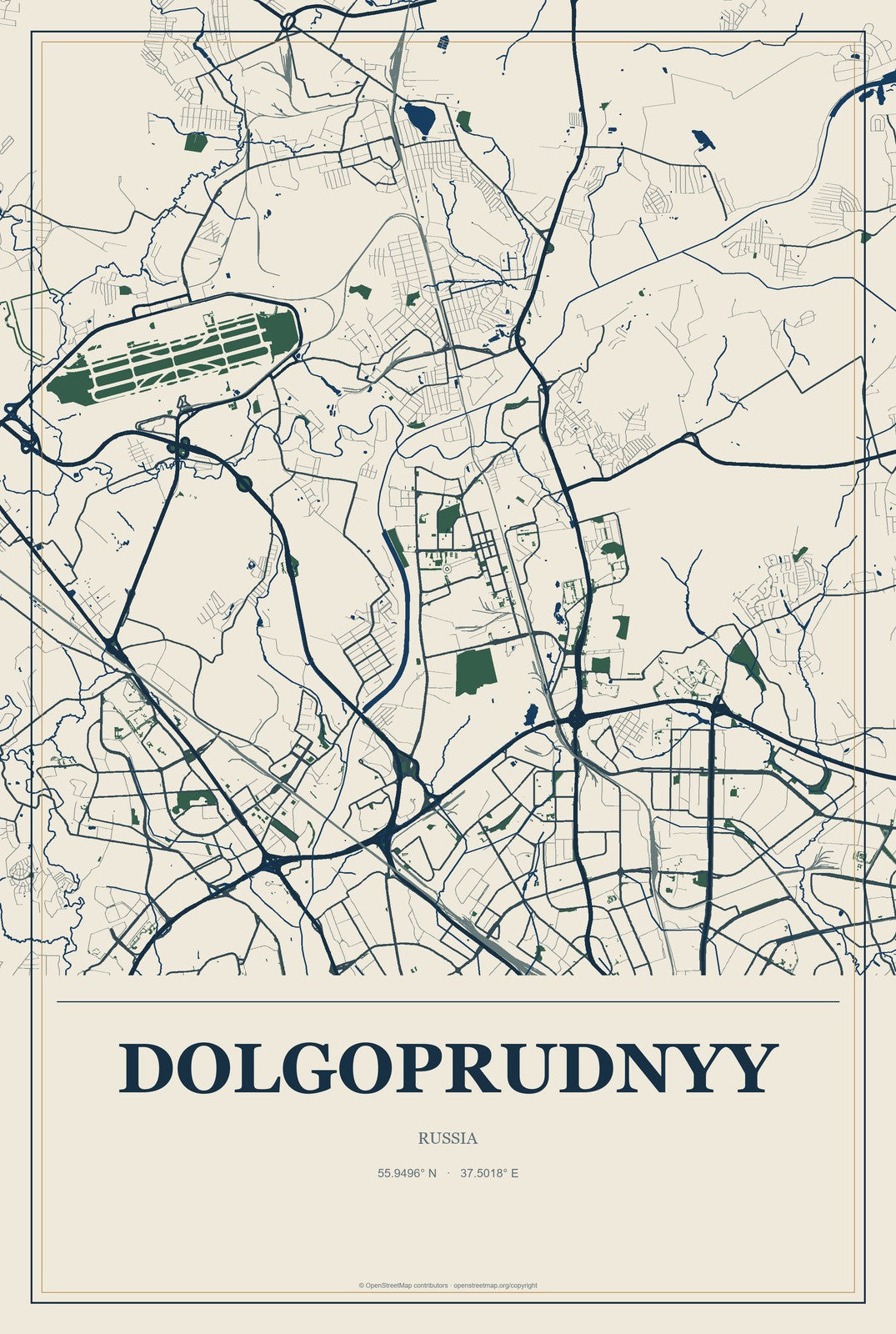 Dolgoprudnyy, Russia City Map Aluminum Sign in Coastal Cutout style