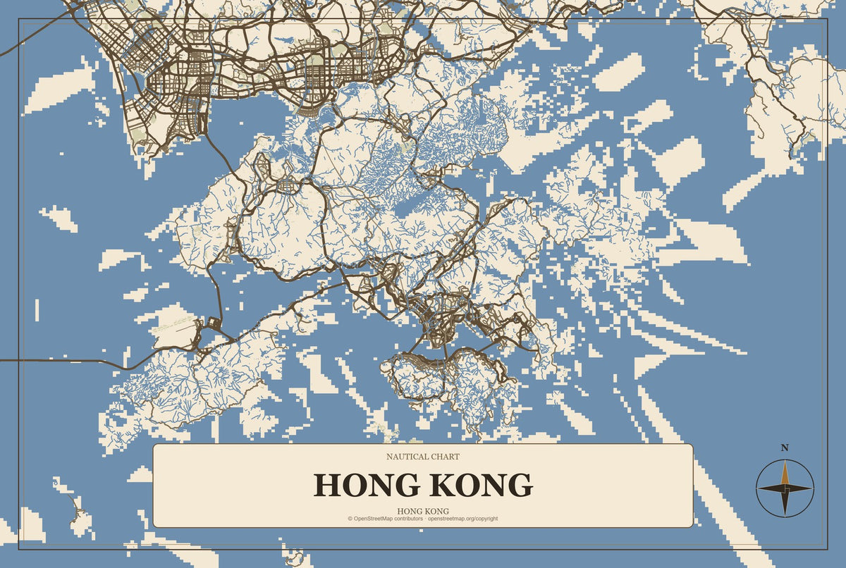 Hong Kong, Hong Kong City Map Aluminum Sign in Heritage Nautical style